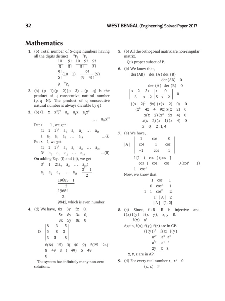 Wbjee 2017 Mathematics Solution | PDF