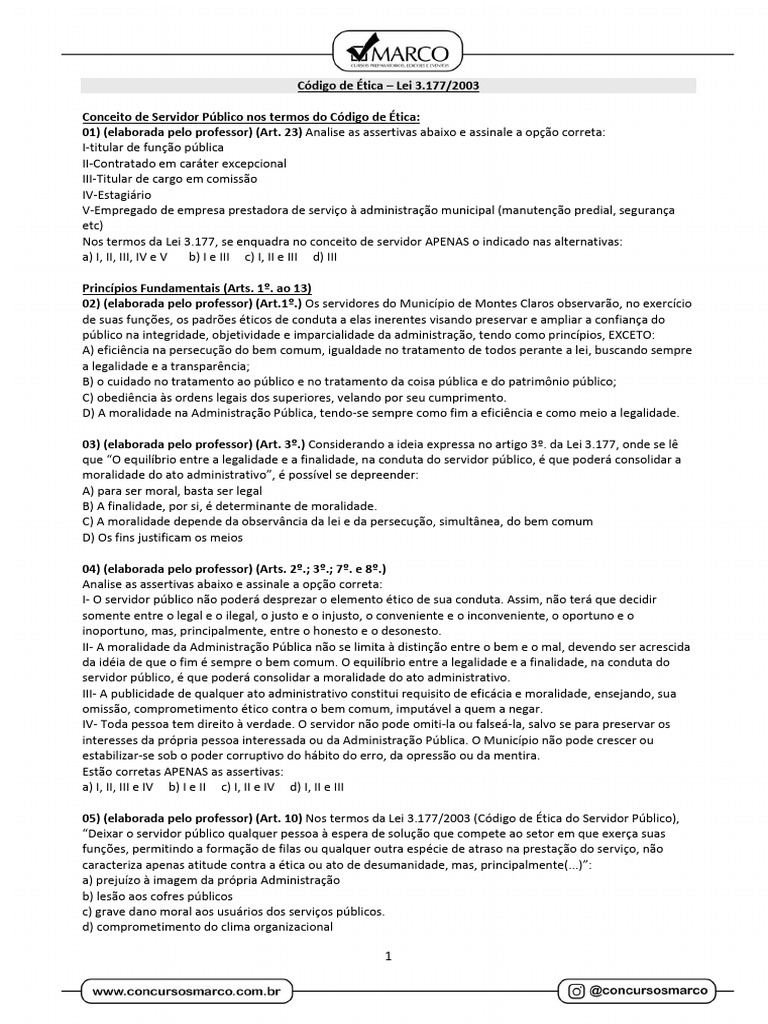 LEI 3.177-CÓDIGO DE ÉTICA-Intensivo Questões | PDF