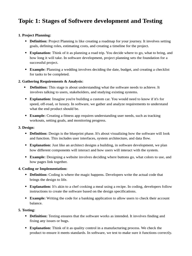 Topic 1 Softwere Development Stages and Testing | PDF