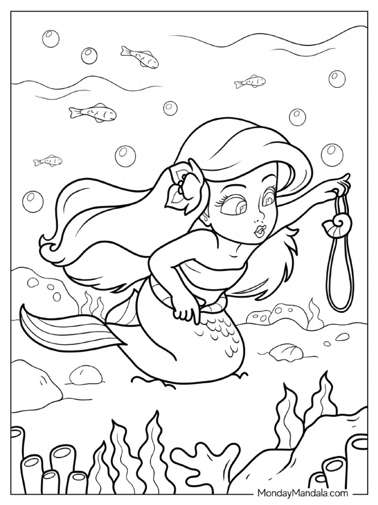 Young Ariel Finding Seashell Necklace Coloring Sheet | PDF