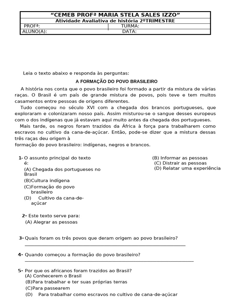 5º Ano Formacao Do Povo Brasileiro | PDF