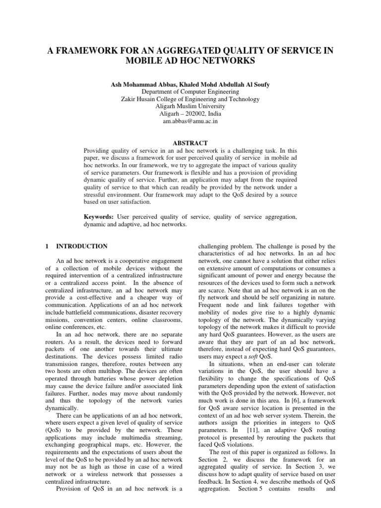 Aggregated QoS Framework for Ad Hoc Networks | PDF | Quality Of Service ...