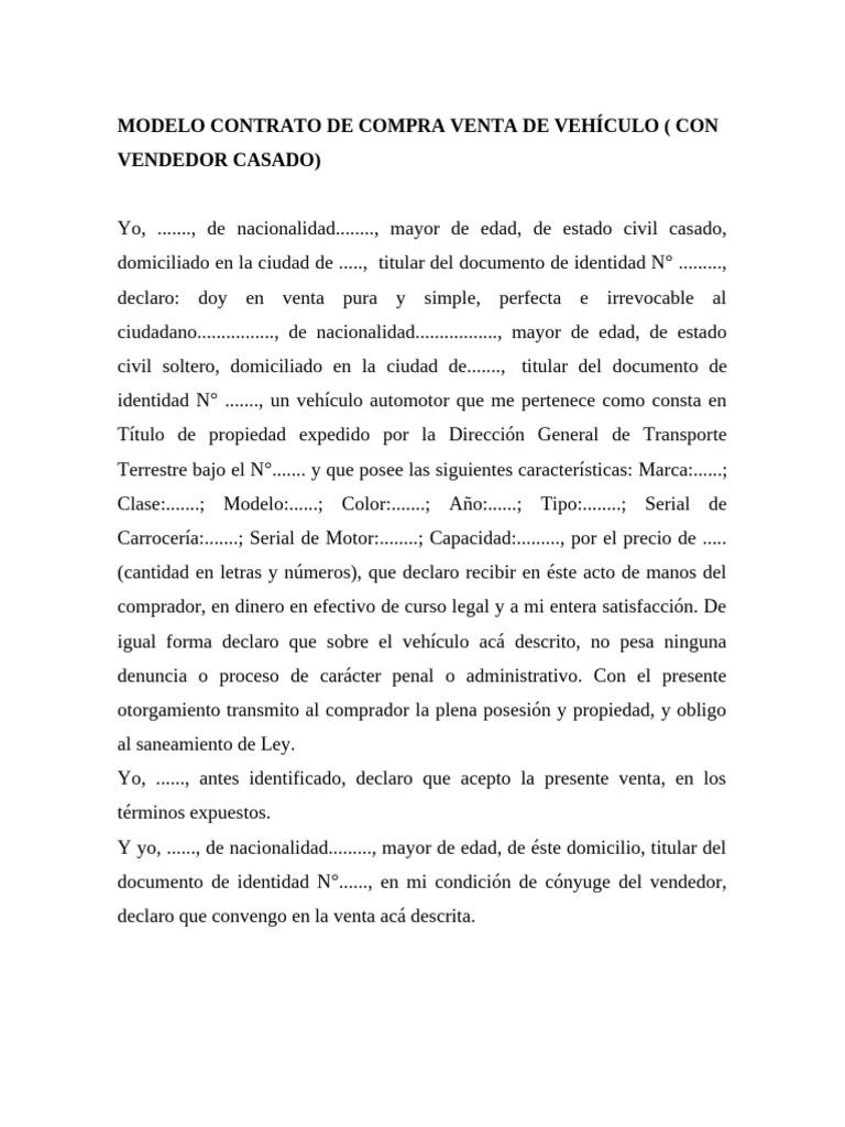 Modelo Contrato de Compra Venta de Vehículo Casada | PDF