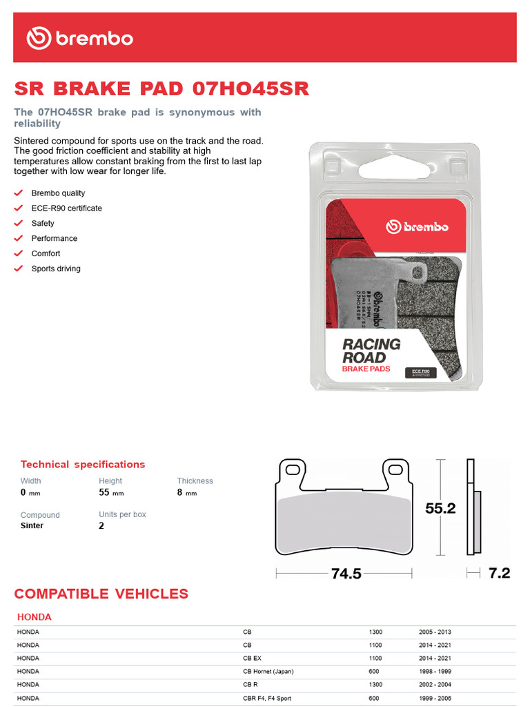 Plaquettes De Frein Avant Brembo 07HO45SR Pour Honda CB1100 ABS 2014 - Neuves