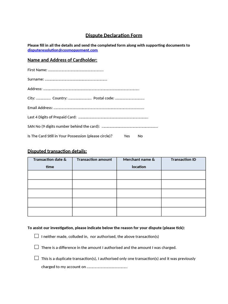 Cosmo Payment Dispute Declaration Form | PDF | Payments | Banking ...