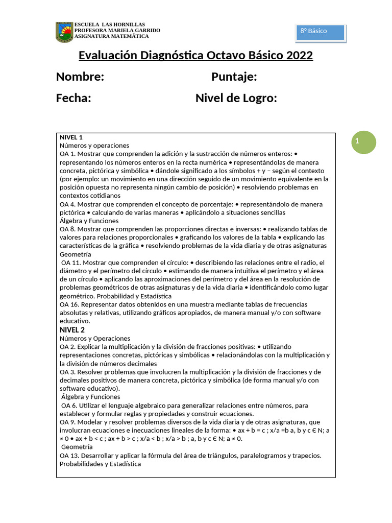 Evaluación Diagnóstica Octavo Básico 2022 | PDF