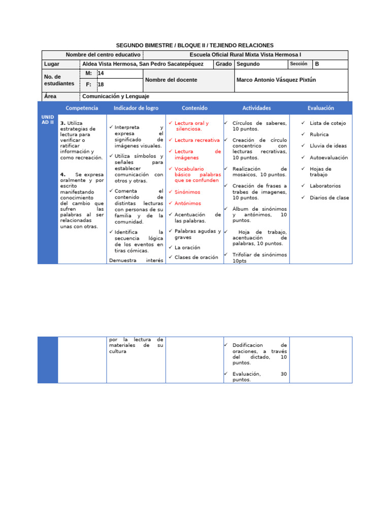 Plan de Clases para Segundo Grado | PDF | Evaluación | Predicado ...