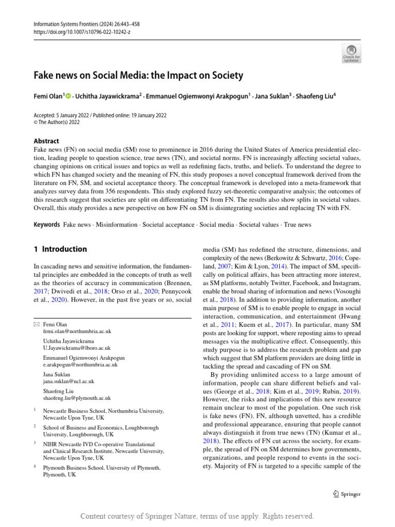 Fake News On Social Media The Impact On Society | PDF