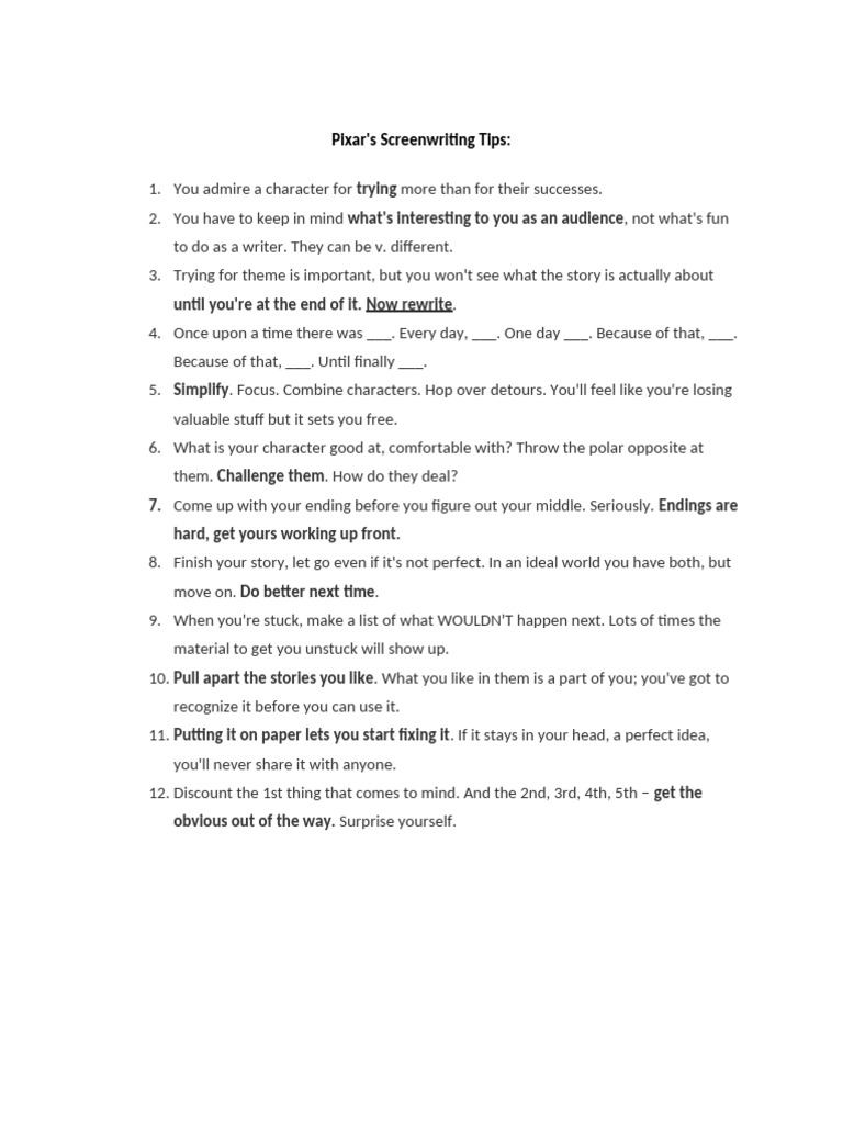 Pixar Screenwriting Tips | PDF