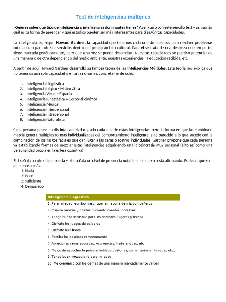 Test de Inteligencias Múltiples | PDF