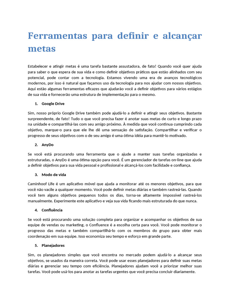 Ferramentas para Definir e Alcançar Metas | PDF