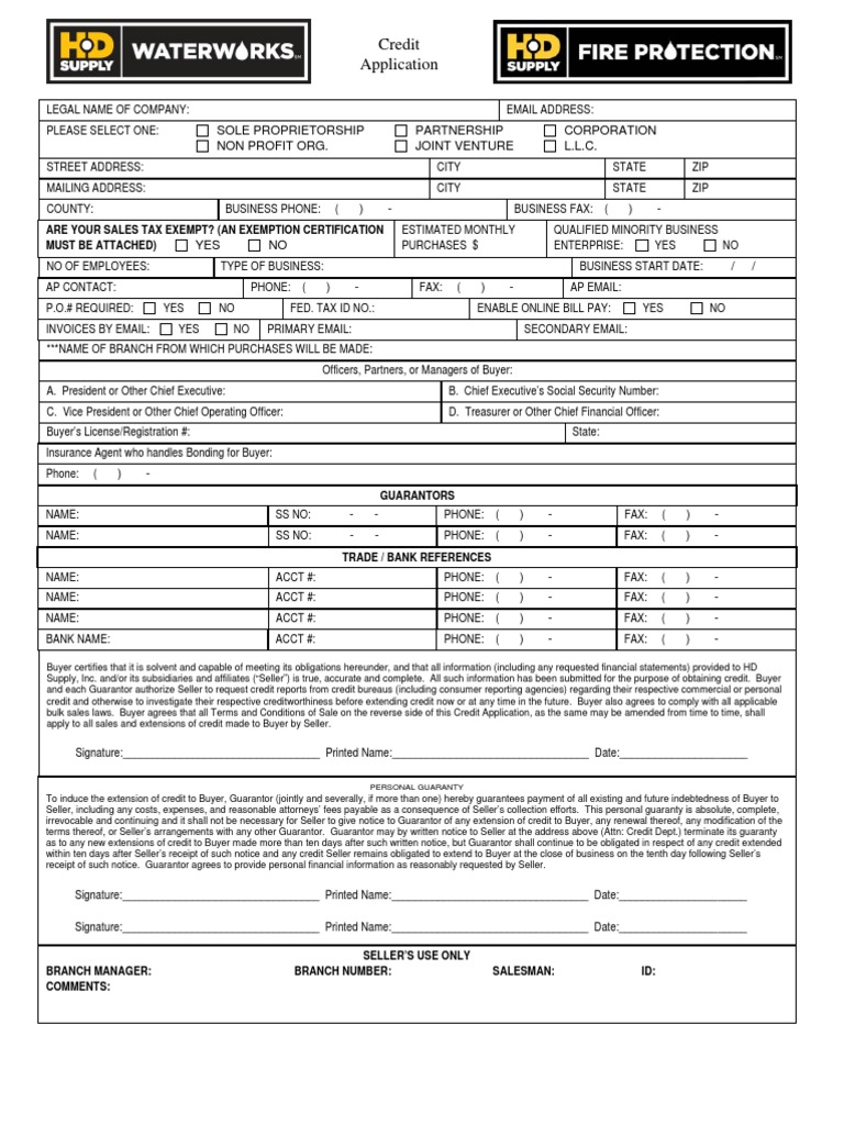 HD Supply Credit Application Form | PDF | Damages | Indemnity