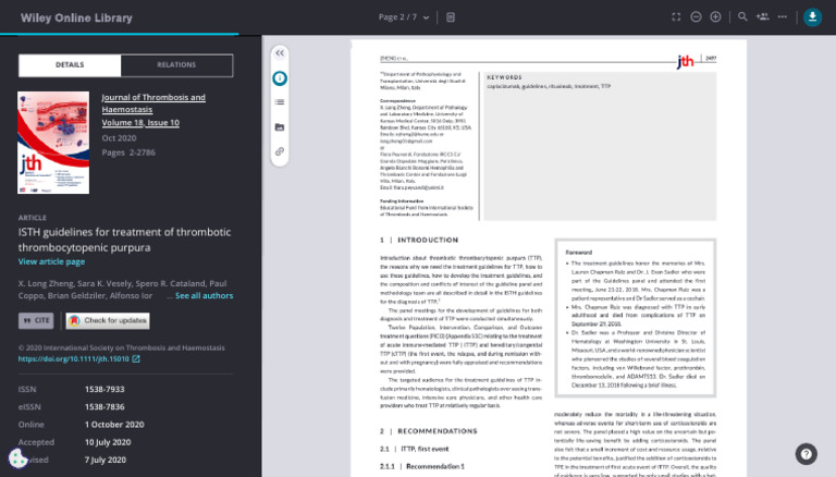 ISTH Guidelines For Treatment of Thrombotic Thrombocytopenic Purpura | PDF