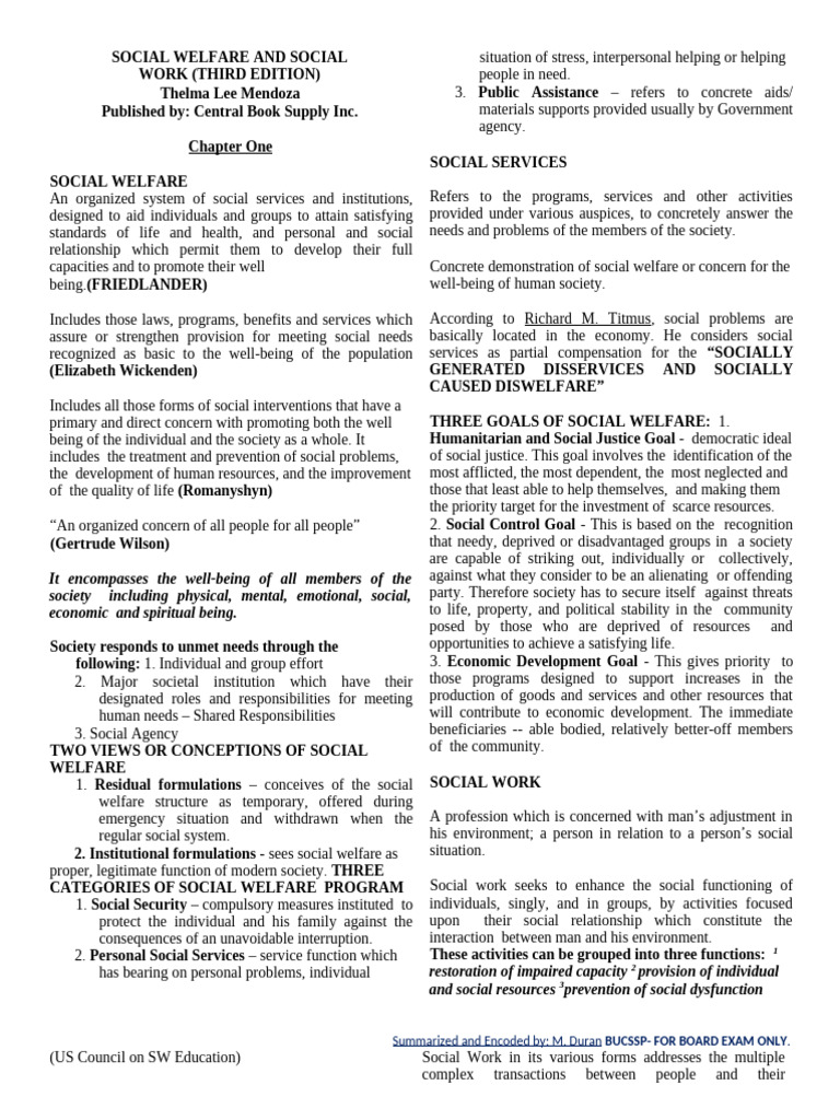 Orange Book Summary Social Welfare and Social Work 1 | PDF