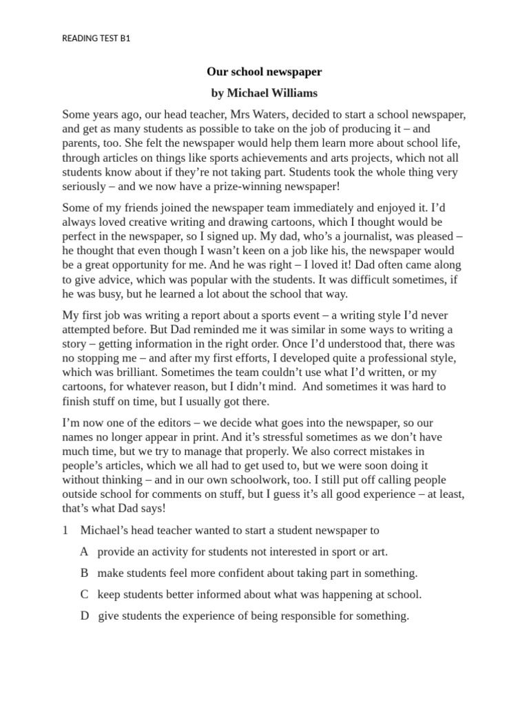 Reading Test B1 Part 2 | PDF