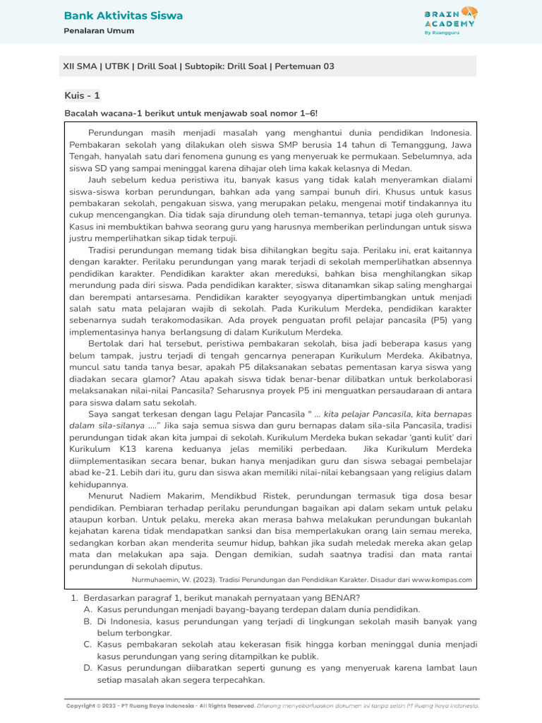 12UTBKPUI9205BS - V1 - Pertemuan 03 - Drill Soal | PDF | Wellness