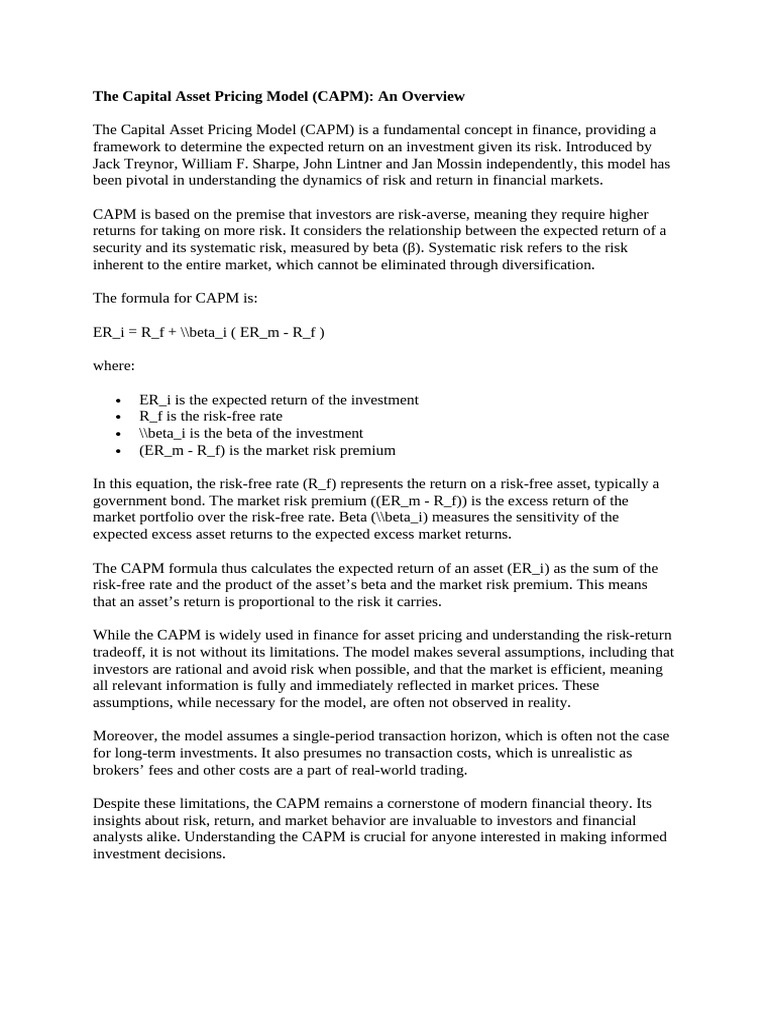 CAPM and SML: Risk-Return Insights | PDF | Capital Asset Pricing Model ...