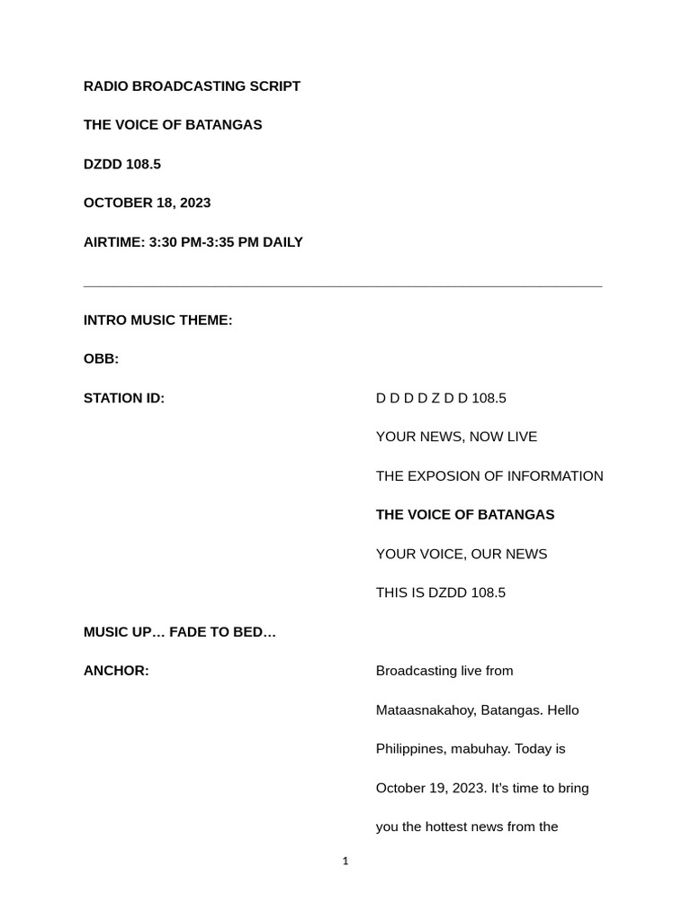 Radio Broadcasting Script | PDF