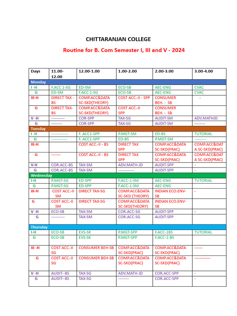 Routine For Sem1 3 5 Com 2024 | PDF