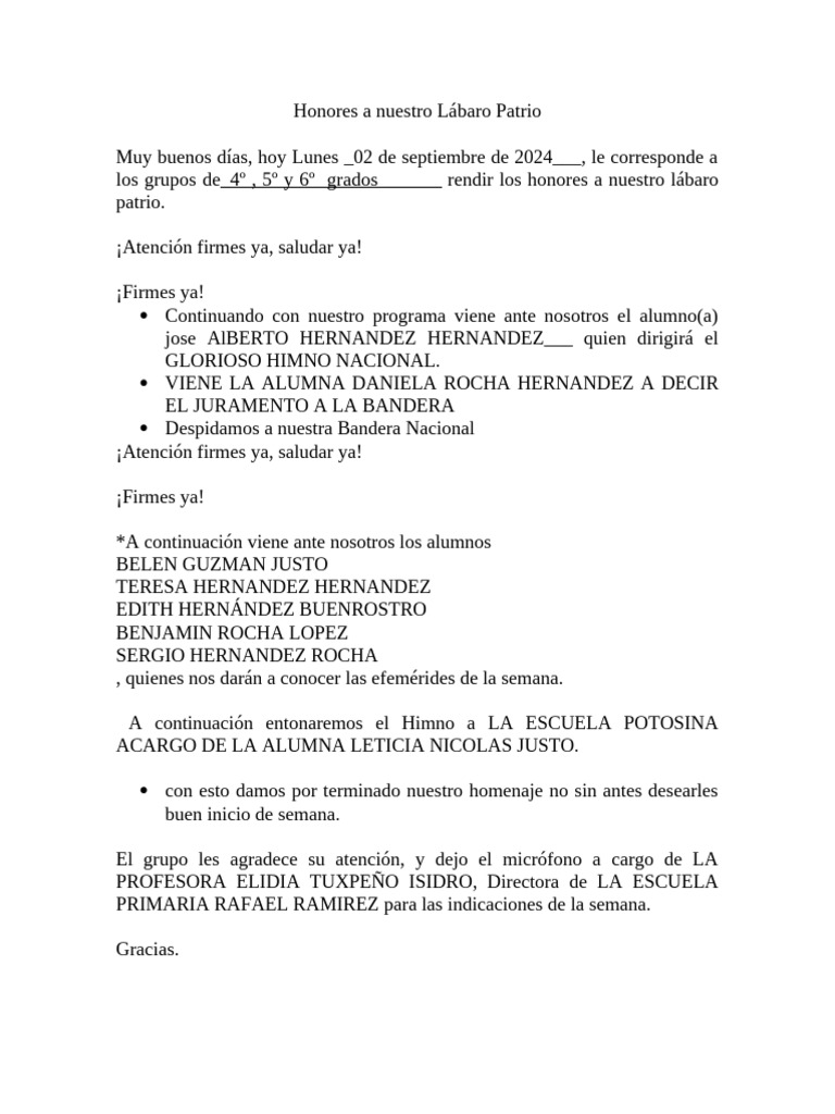 Honores A Nuestro Lábaro Patrio RAFAEL RAMIREZ | PDF