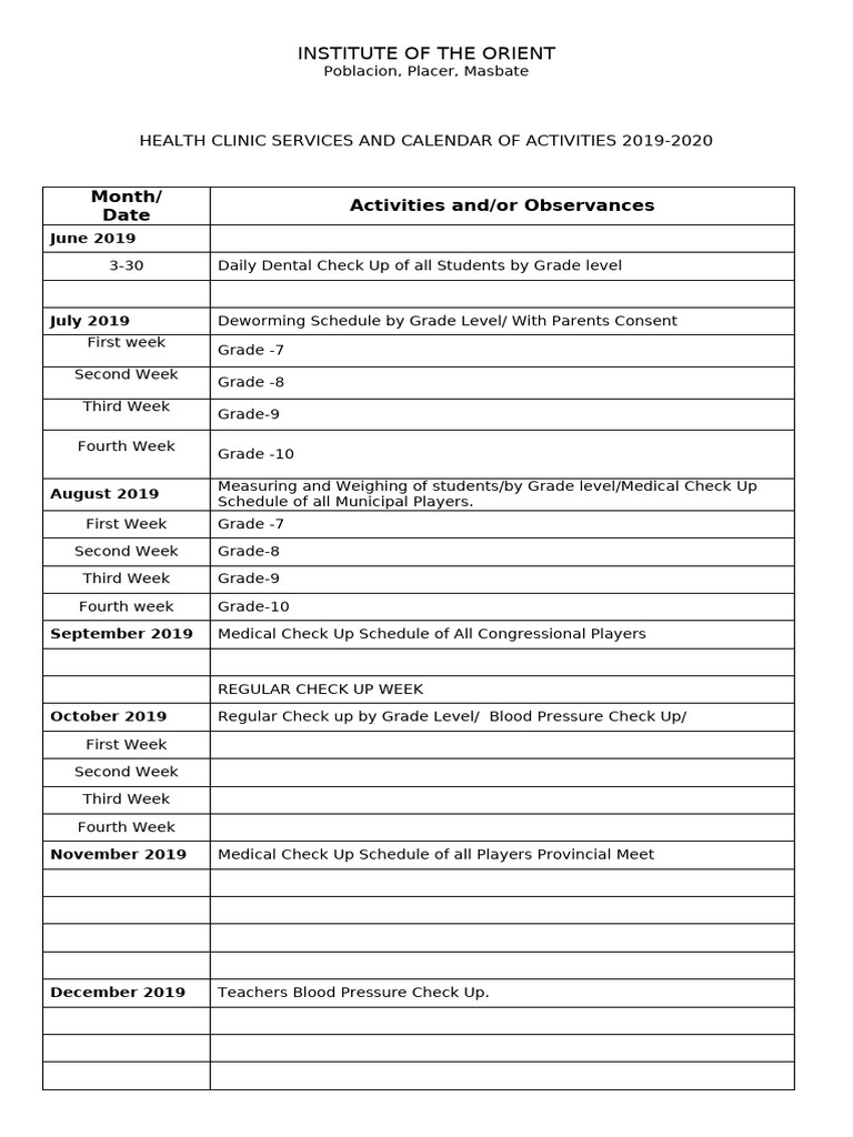 Editable Calendar Of Activities Format