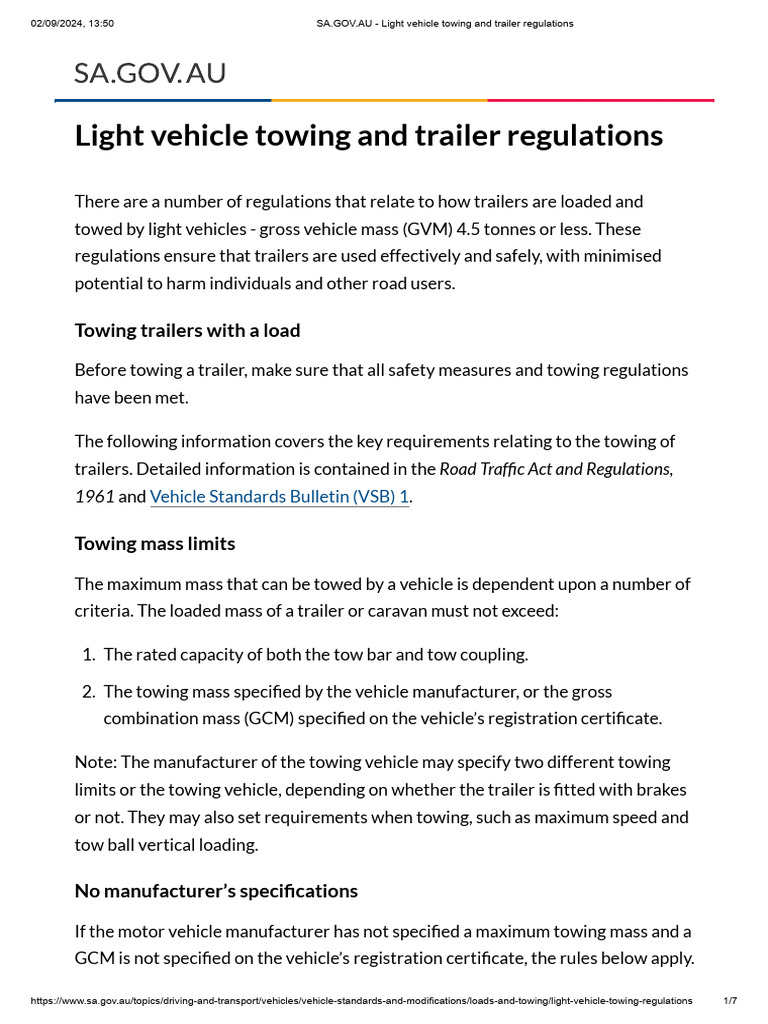 SA - GOV.AU - Light Vehicle Towing and Trailer Regulations | PDF