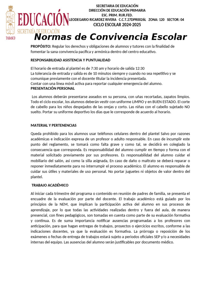 Normas de Convivencia Escolar | PDF | Evaluación | Bienestar