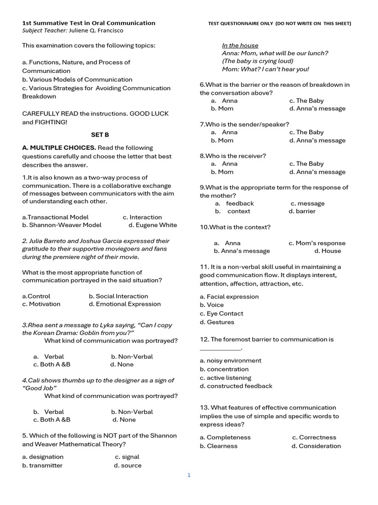 Oral Communication 1st Summative Test | PDF | Communication | Nonverbal ...