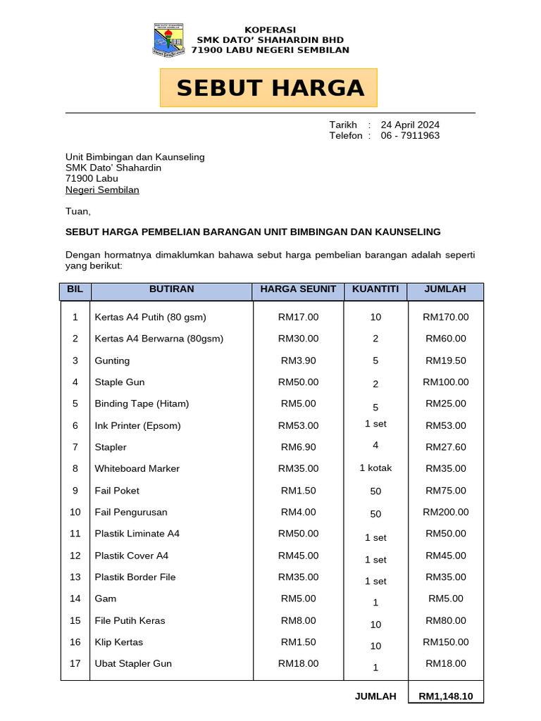 Sebut Harga Unit Bimbingan Dan Kaunseling 2024 | PDF