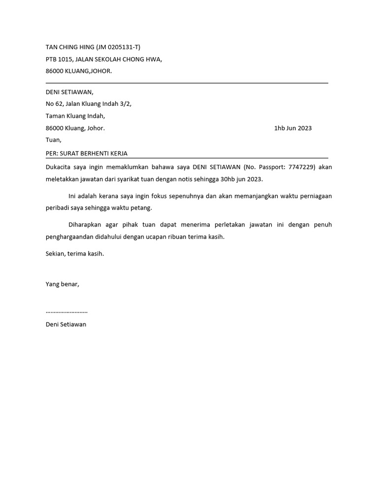 Surat Berhenti Kerja Pdf