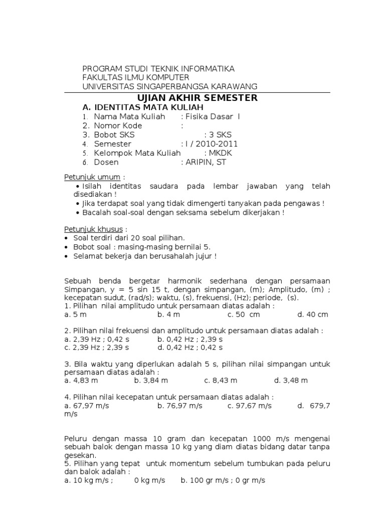 Soal Dan Jawaban Probabilitas Uas Semester 2 Teknik Informatika