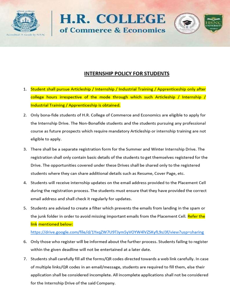 Internship Policy For Students 2024-25 (UG) - 240719 - 115633 | PDF
