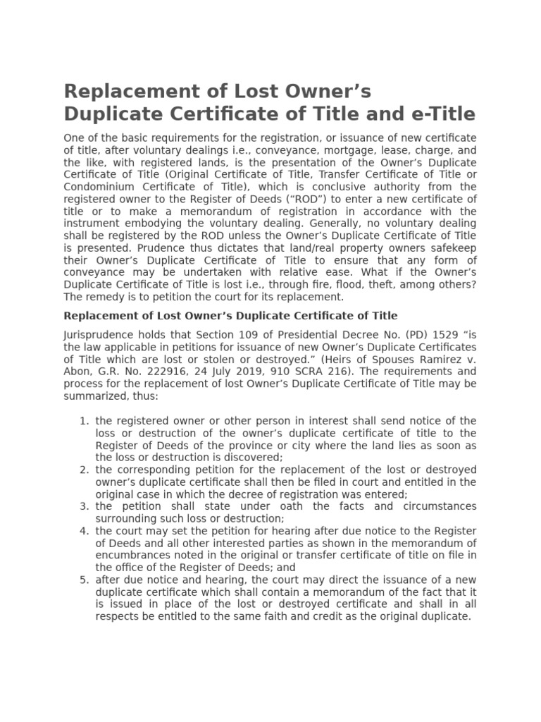 Notes On Issuance of Owner's Duplicate TCT:OCT | PDF