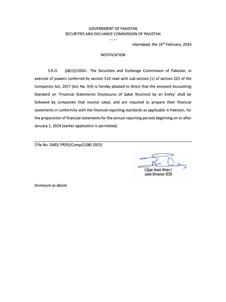 SECP - ICAP - Notification - Zakat Received | PDF