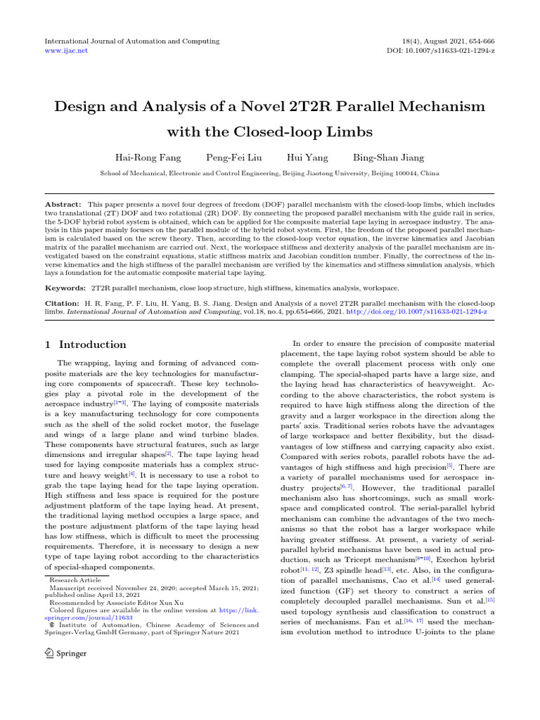 Design and Analysis of A Novel 2T2R Parallel Mechanism With The Closed ...