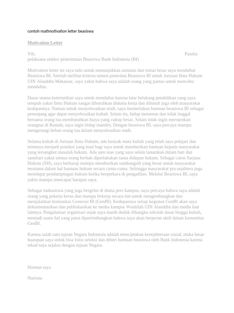 Contoh Matimotivation Letter Beasiswa | PDF