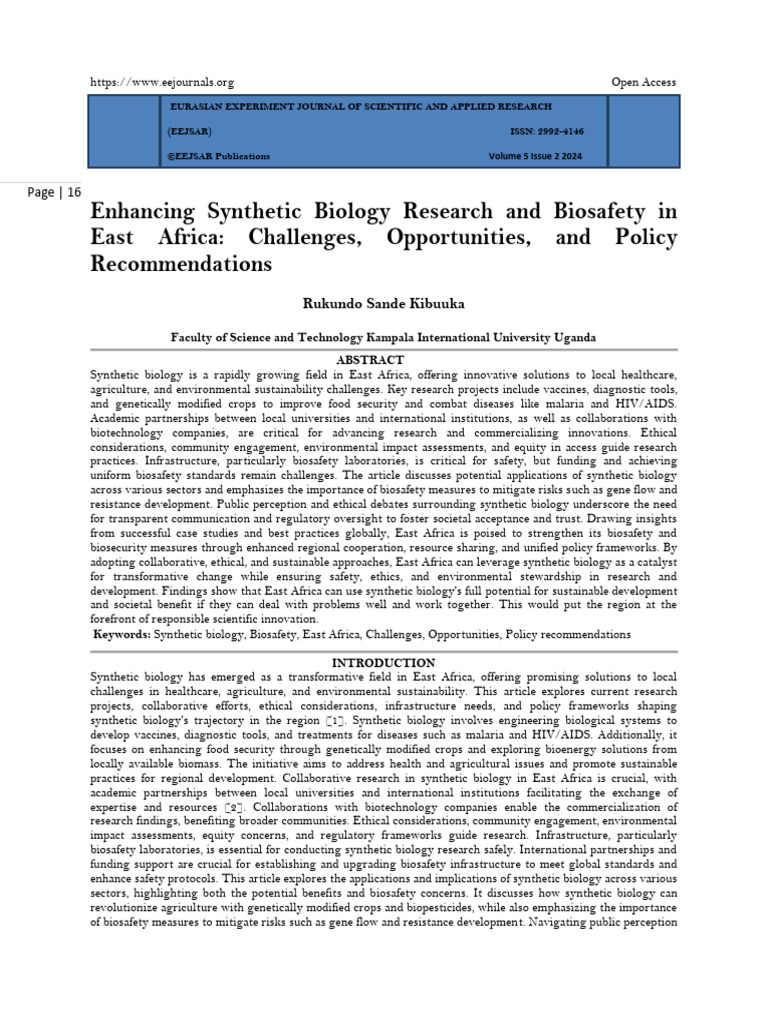 Enhancing Synthetic Biology Research and Biosafety in East Africa ...