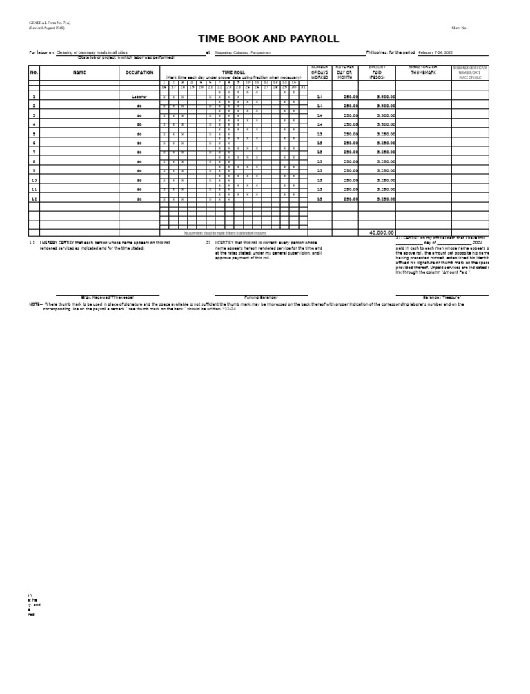 TIME BOOK PAYROLL Gen Serv | PDF