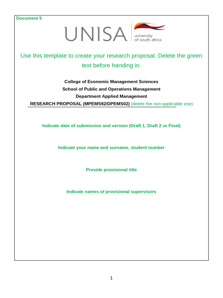 UNISA Research Proposal Template Guide | PDF | Thesis