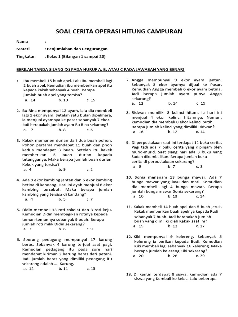 Soal Cerita Penjumlahan Dan Pengurangan 1 100 Pdf