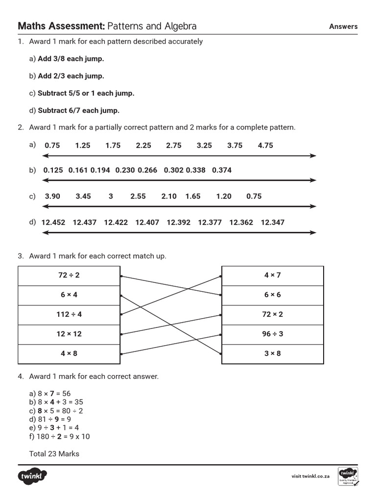 Patterns and Algebra Assessment Sheet Answers | PDF
