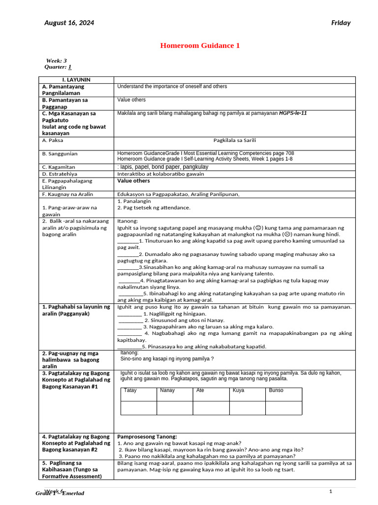 August 16, 2024 Friday: Homeroom Guidance 1 | PDF