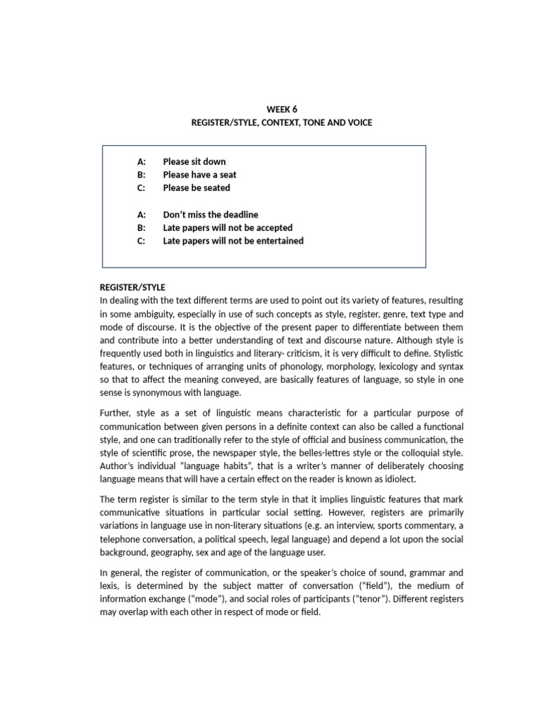 Week 5 Style Register Tone | PDF