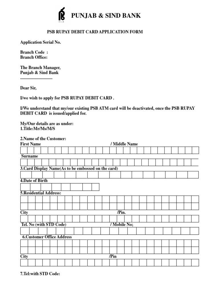 PSB Rupay Debit Card Application Form 1 | PDF