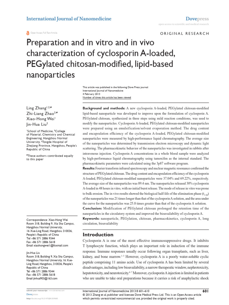 Preparation and in Vitro and in Vivo Characterization of Cyclosporin A ...