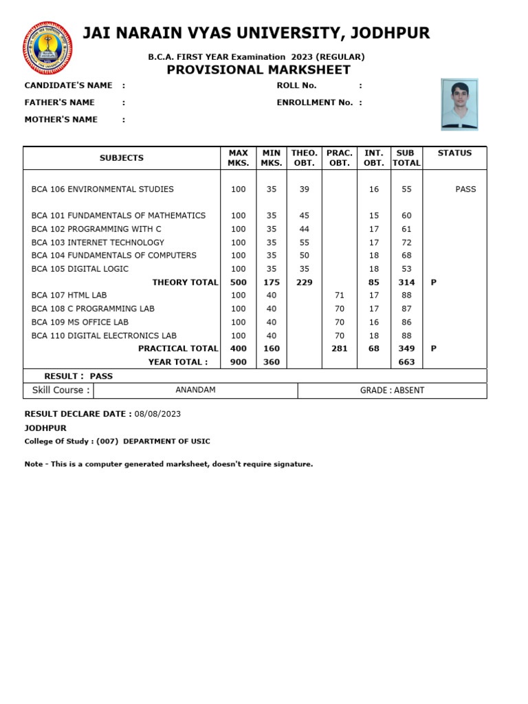 Bca 1 Year Marksheet | PDF