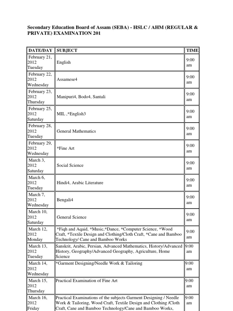 SEBA HSLC Exam Routine 2026 | PDF | Science | Science (General)