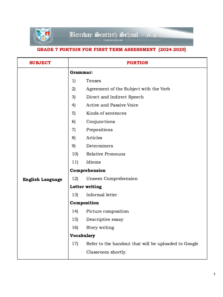 Grade 7 Portion For First Term Assessment (2024-2025) Subject Portion | PDF