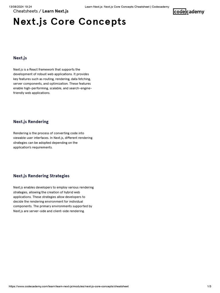 Learn Next - Js - Next - Js Core Concepts Cheatsheet - Codecademy | PDF