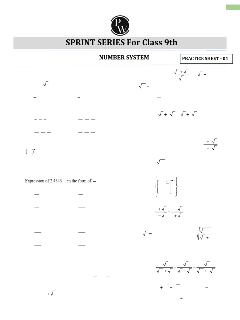 Number System - Practice Sheet For Class 9th | PDF